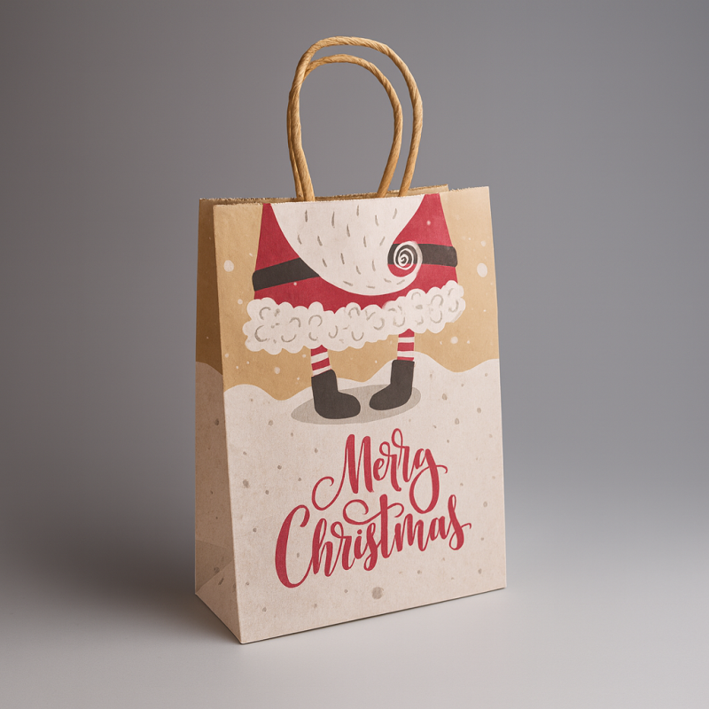 12 sacchetti di carta kraft marrone naturale con motivo Babbo Natale e neve 21x11x27 cm