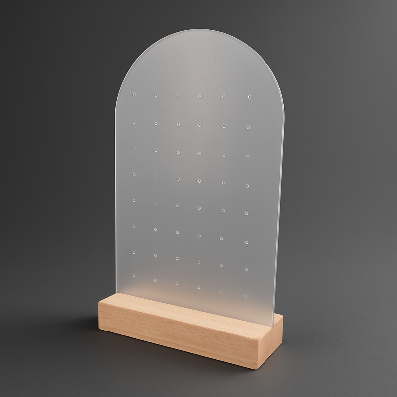 Espositore per orecchini arrotondato in plexiglass e legno