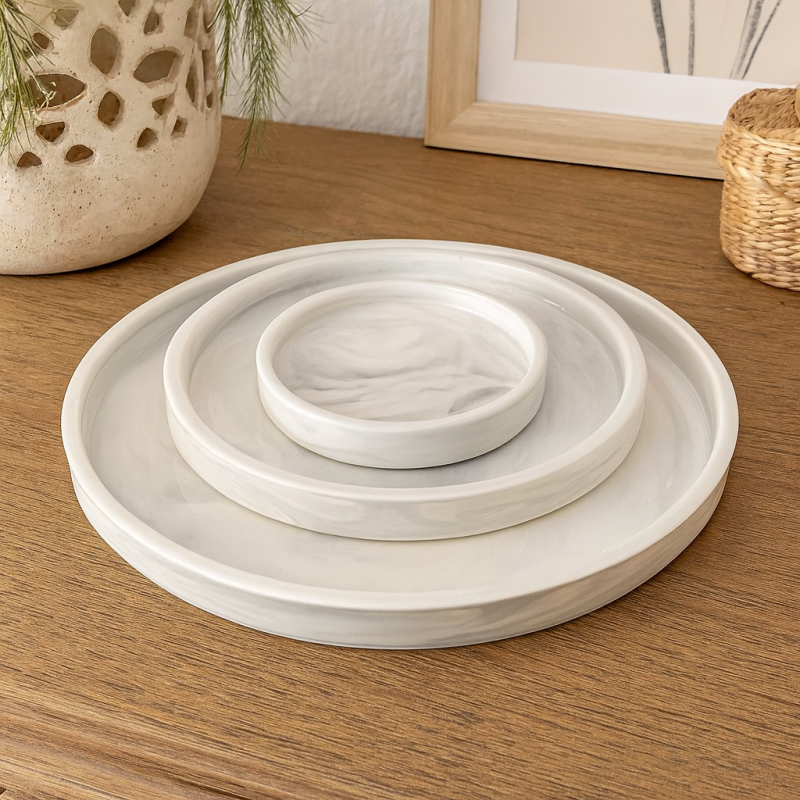 Vassoio rotondo per gioielli in ceramica effetto marmorizzato grigio chiaro, vassoio per gioielli