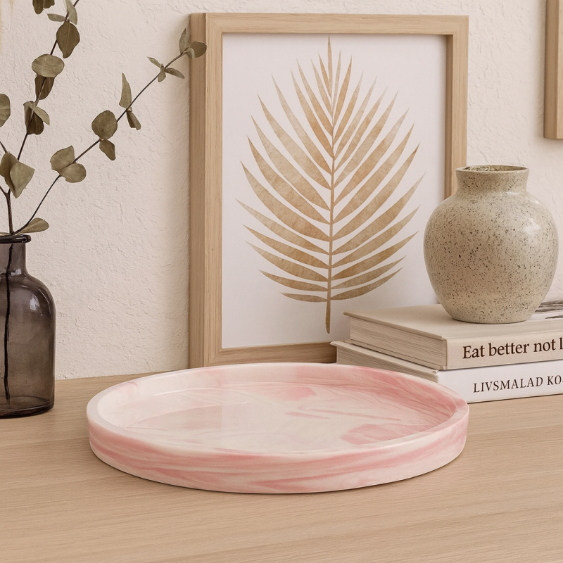 Grande vassoio rotondo in ceramica effetto marmorizzato rosa chiaro, grande vassoio