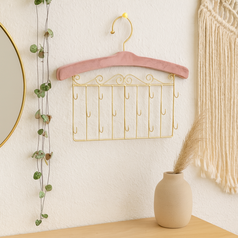 Appendiabiti decorativo da parete per gioielli in metallo dorato e velluto rosa