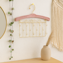 Appendiabiti decorativo da parete per gioielli in metallo dorato e velluto rosa