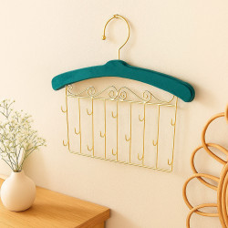 Appendiabiti decorativo da parete per gioielli in metallo dorato e velluto blu petrolio