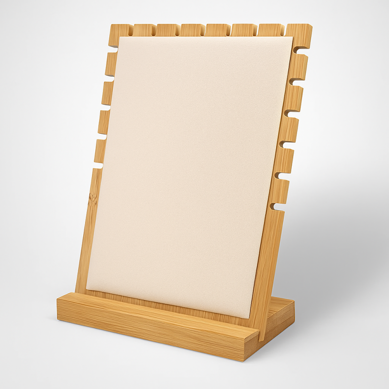 Espositore per gioielli a forma di cornice in legno e alcantara beige