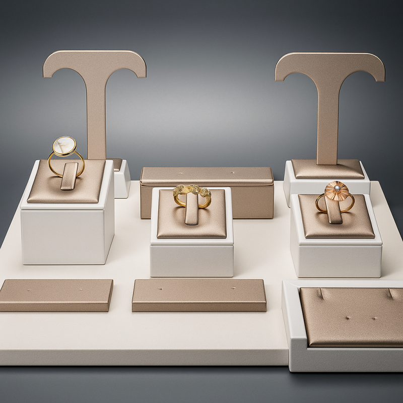 Set di 3 espositori per anelli in similpelle bicolore champagne e bianco