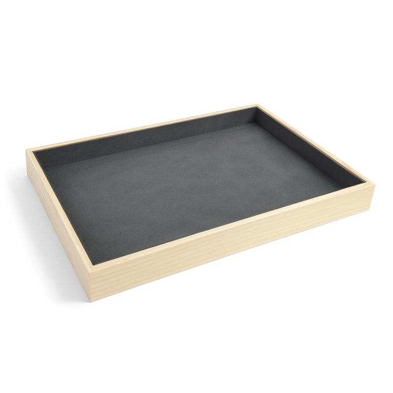Vassoio espositivo in legno e tessuto effetto alcantara grigio antracite