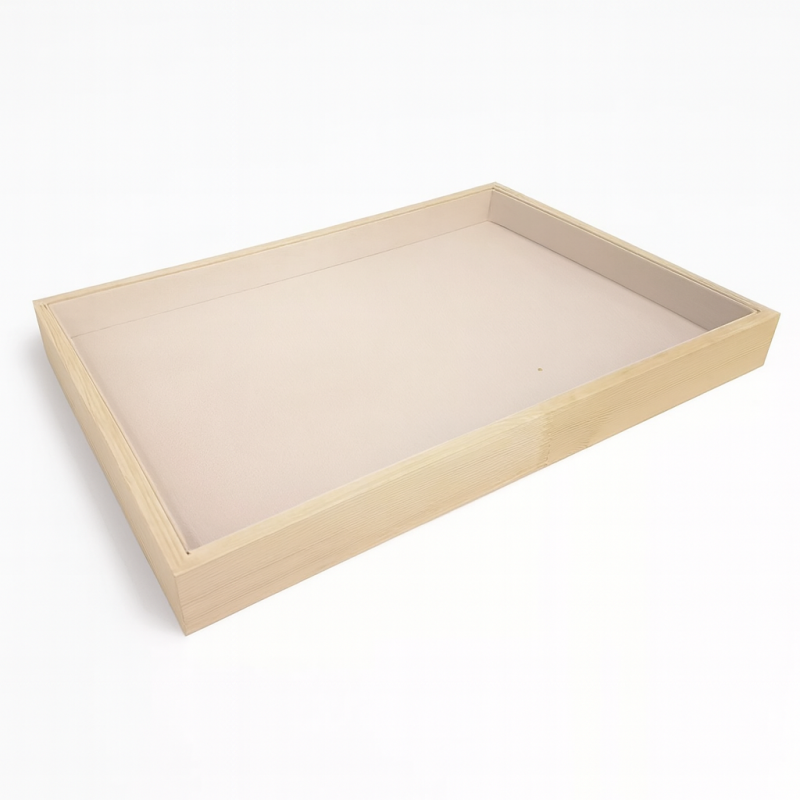 Vassoio espositivo in legno e tessuto effetto alcantara beige