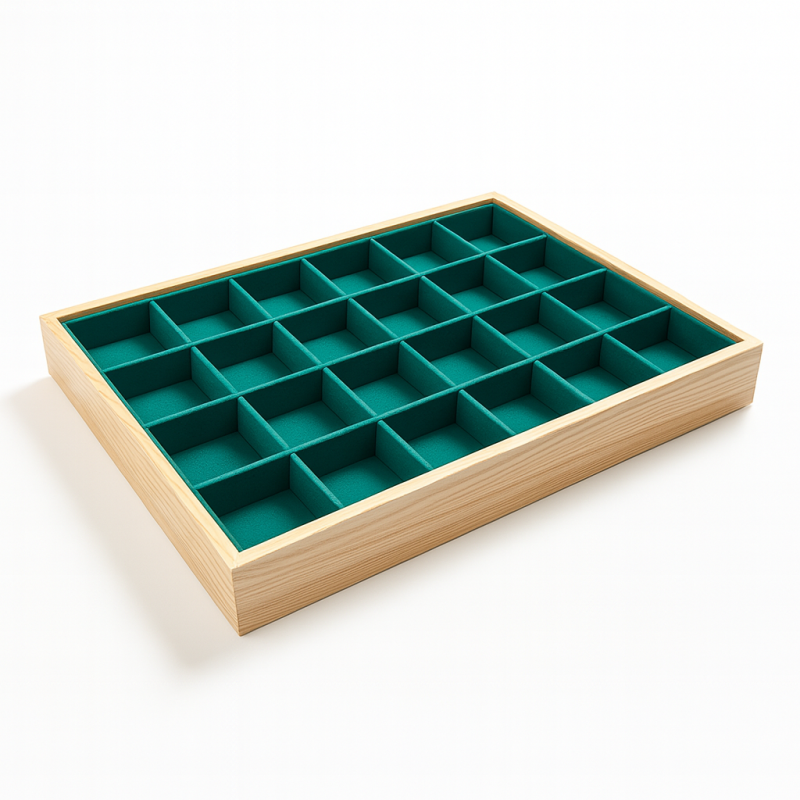 Set di 5 vassoi per gemmologia con piccoli scomparti in legno e alcantara verde laguna