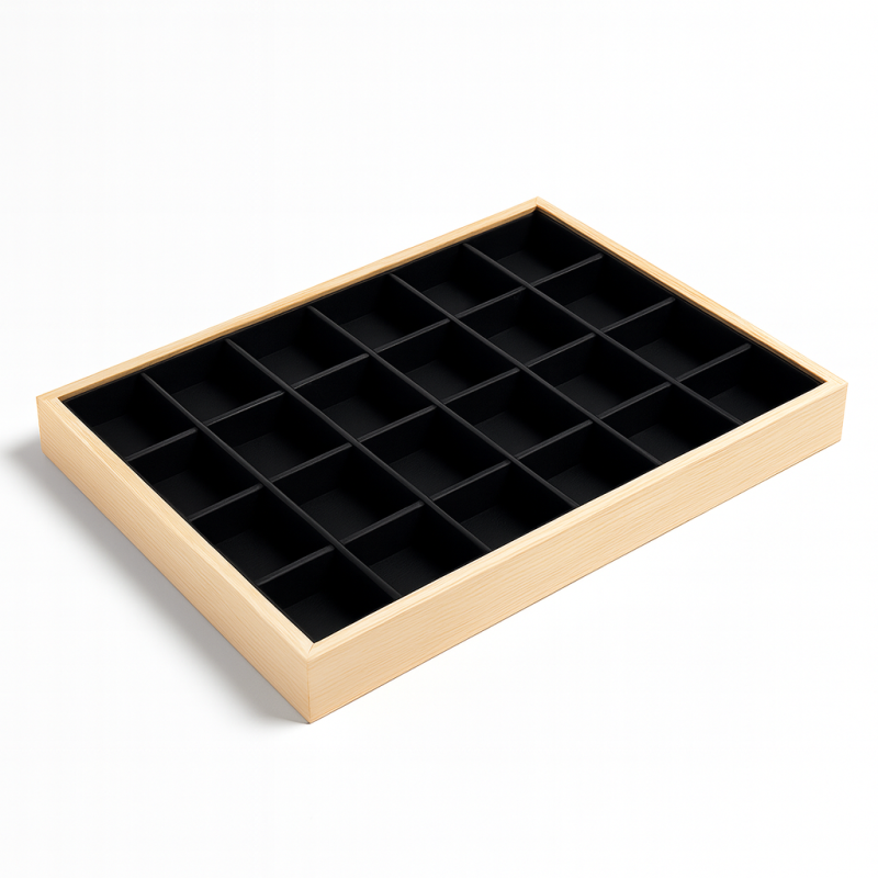Set di 5 vassoi per gemmologia con piccoli scomparti in legno e similpelle nera