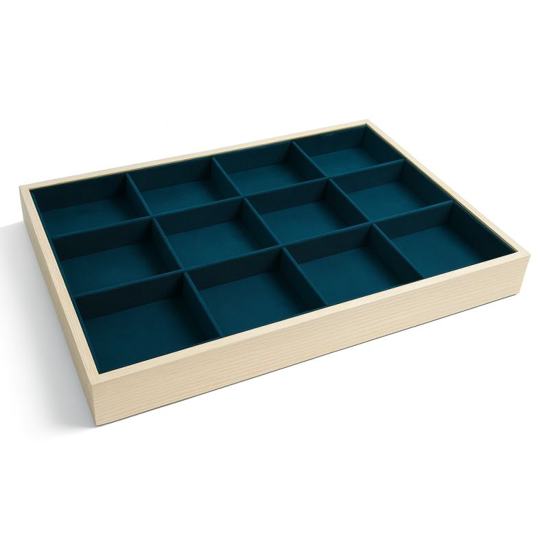 Vassoio portagioiellilli in legno e tessuto effetto alcantara verde smeraldo a scomparti