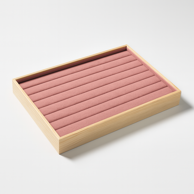 Set di 5 vassoi portanelli in legno e alcantara rosa