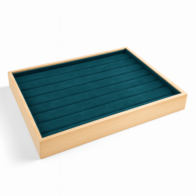 Vassoio per anelli in legno e tessuto effetto alcantara verde smeraldo