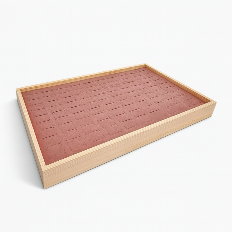 Vassoio per 100 anelli in legno e tessuto effetto alcantara rosa