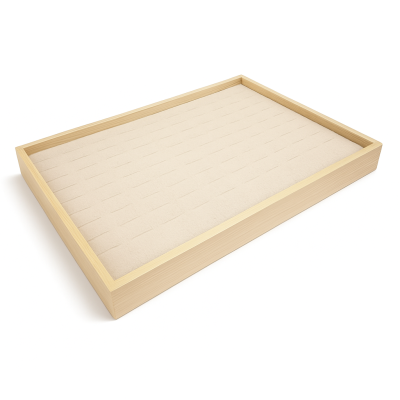 Set di 5 vassoi per 100 anelli in legno e cotone beige naturale