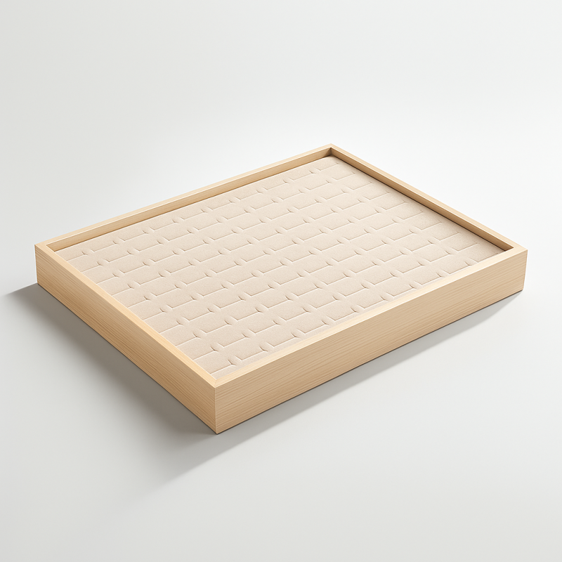 Set di 5 vassoi per 100 anelli in legno e similpelle beige rosata