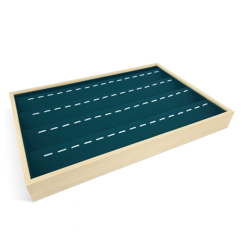 Vassoio espositore per ciondoli in legno e tessuto effetto alcantara verde smeraldo