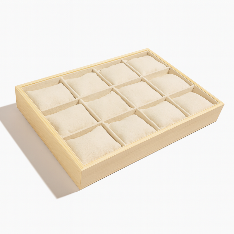 Espositore a cuscini per orologi in legno e alcantara beige