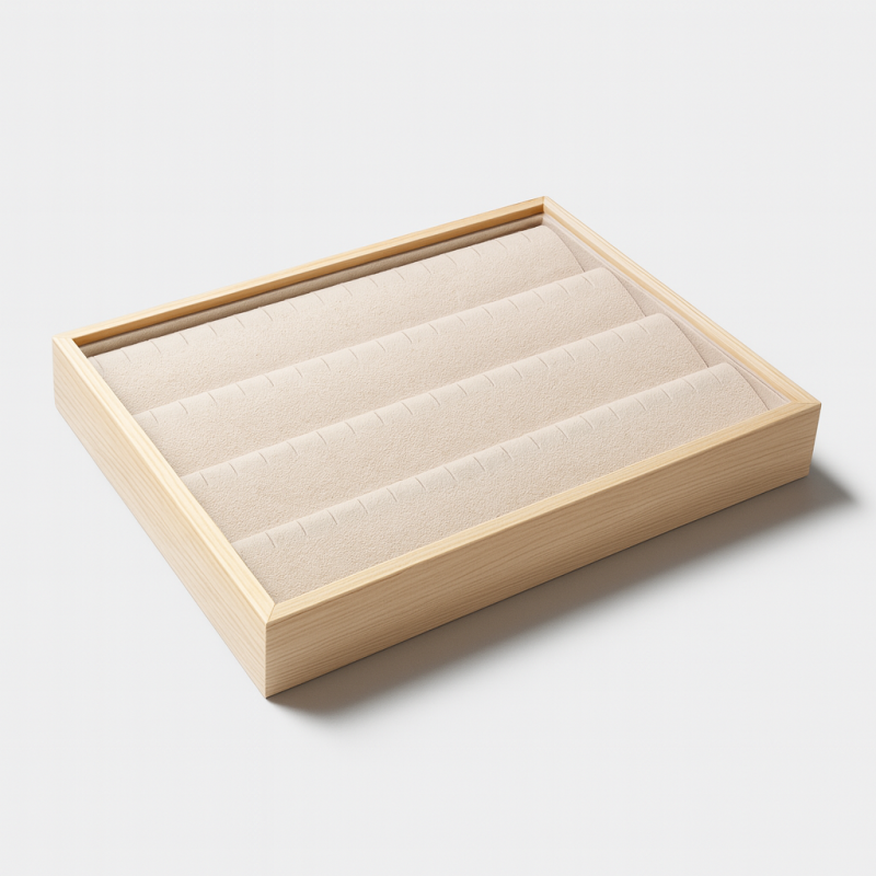 Vassoio espositore per orecchini in legno e similpelle beige