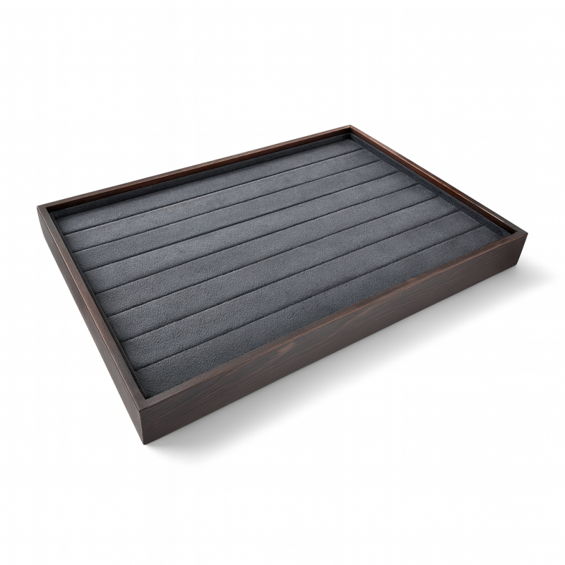 Vassoio per anelli in legno effetto noce e alcantara grigio antracite