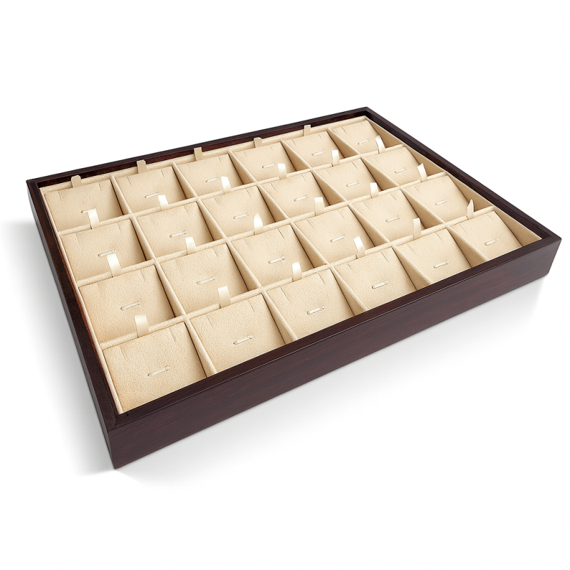 Vassoio per 24 catene e ciondoli in legno scuro e alcantara beige