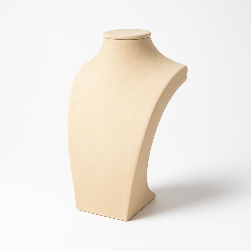 Grandi busti in similpelle beige crema, espositore rettangolare per collane.