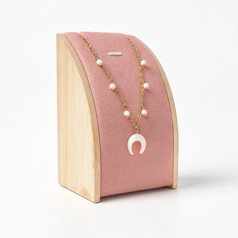 Mini portacollana rettangolare in legno e alcantara rosa