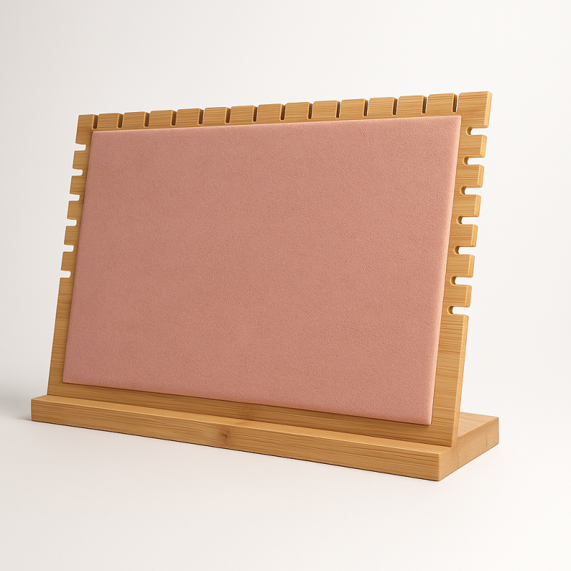 Grande espositore per gioielli con catene in legno e alcantara rosa