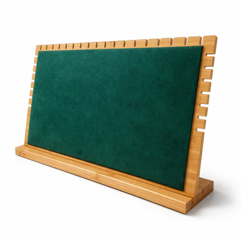 Grande espositore per gioielli per collane in legno e alcantara verde smeraldo