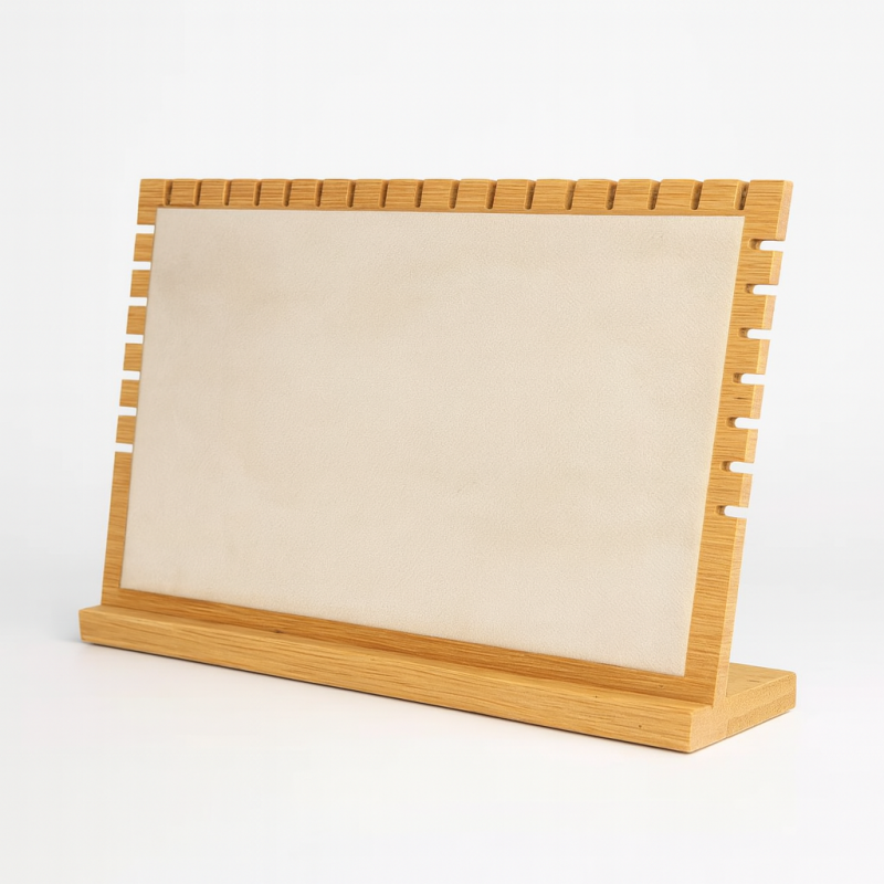 Grande espositore per gioielli per collane in legno e similpelle beige