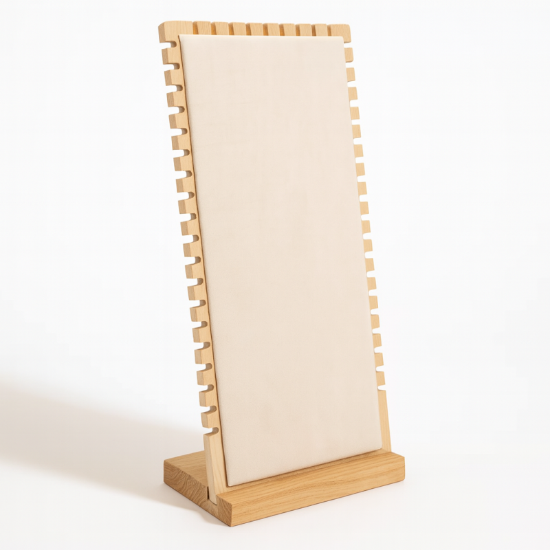 Grande espositore verticale per collane in legno e similpelle beige crema