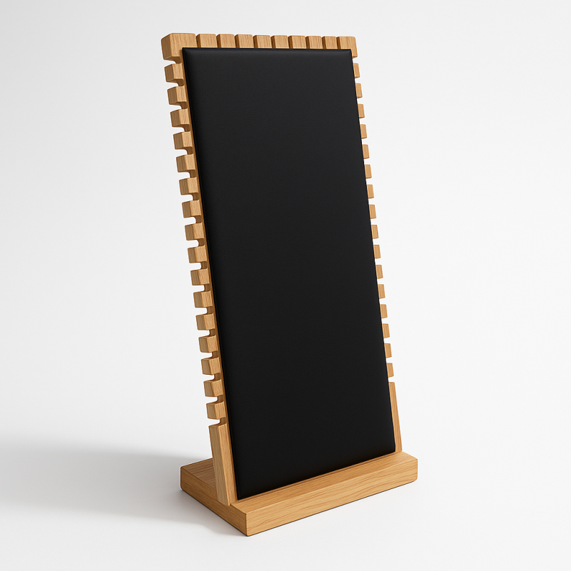 Grande espositore verticale per collane in legno e similpelle nera