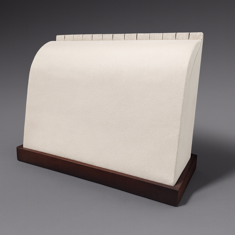 Portacollane voluminoso in legno scuro e similpelle beige lino