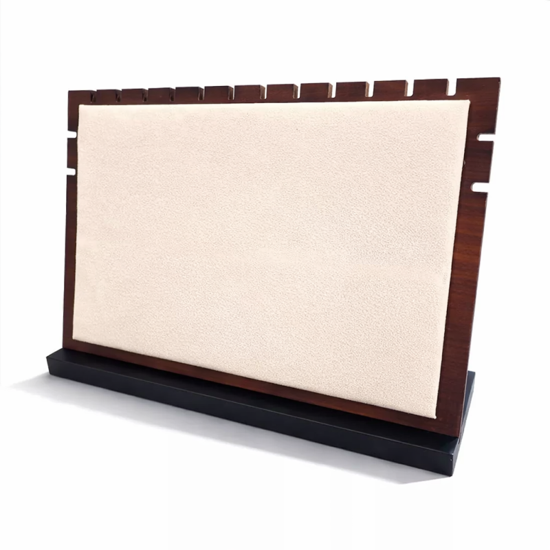 Portacollane in legno scuro e alcantara beige lino