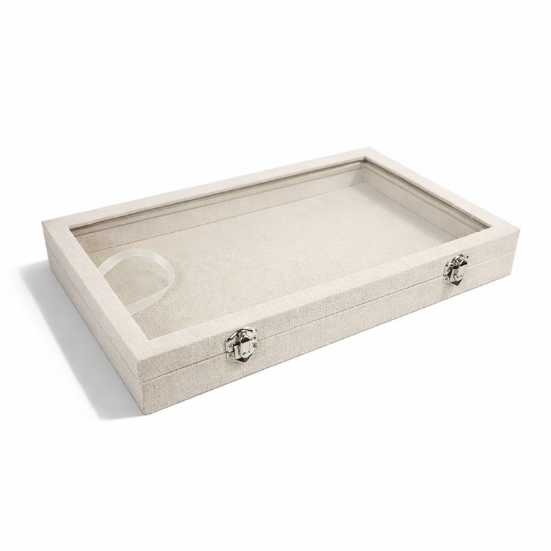 Valigetta da esposizione con vetro, cofanetto portagioiellilli vuoto in cotone beige naturale