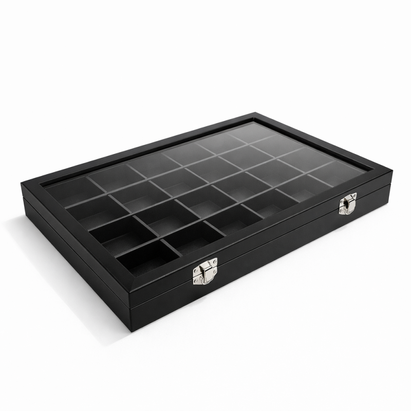 Set di valigette portagioiellilli in similpelle nera, cofanetto per gemmologia in similpelle