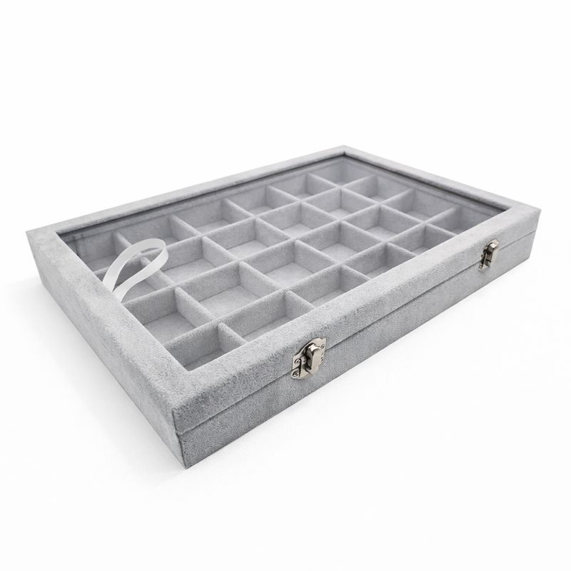 Set di valigette portagioiellilli in velluto grigio, cofanetto per gemmologia in velluto grigio.