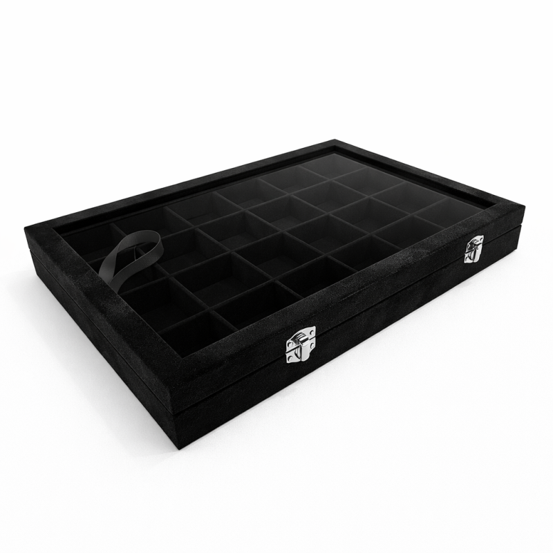 Set di valigette portagioiellilli in velluto nero, cofanetto per gemmologia in velluto nero.