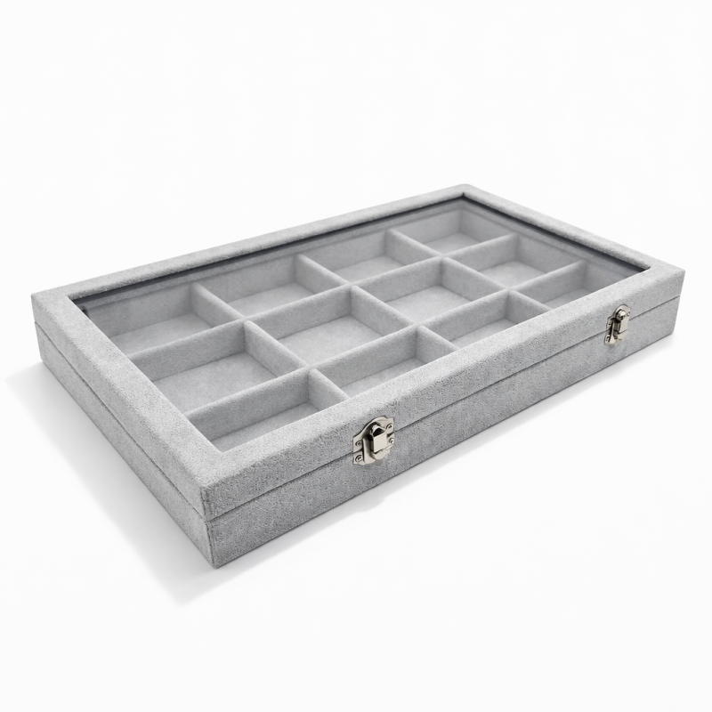 Set di valigette portagioiellilli in velluto grigio, valigette in velluto con scomparti.