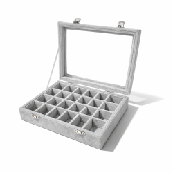 Set di 5 piccole valigette con vetro e 24 mini scomparti in velluto grigio
