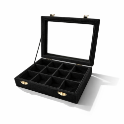 Set di 5 piccole valigette con vetro e 12 scomparti in velluto nero