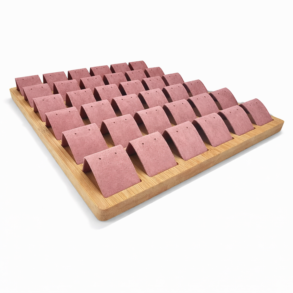 Grande espositore per 36 paia di orecchini in legno e alcantara rosa