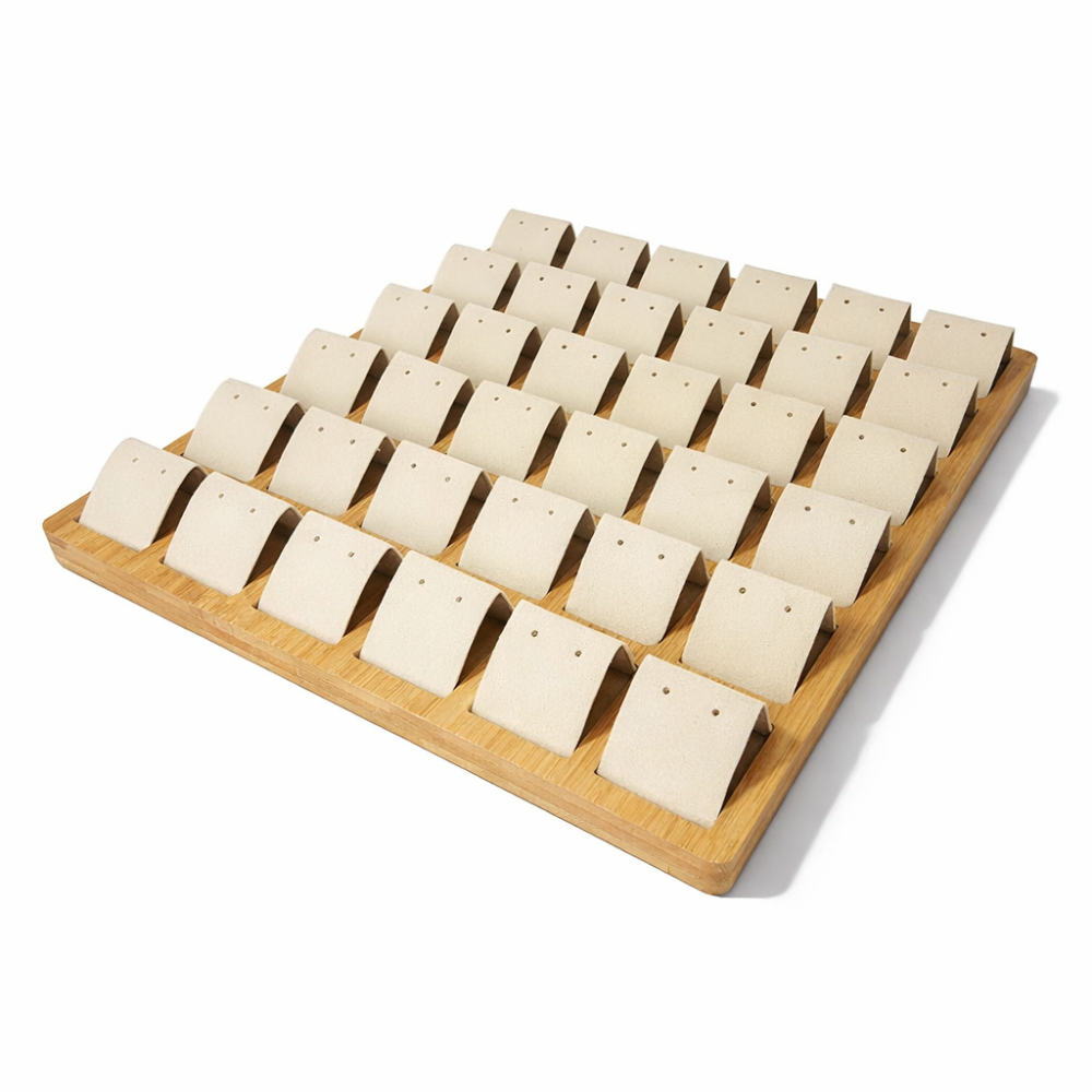 Grande vassoio per 36 paia di orecchini in legno e similpelle beige - 9994