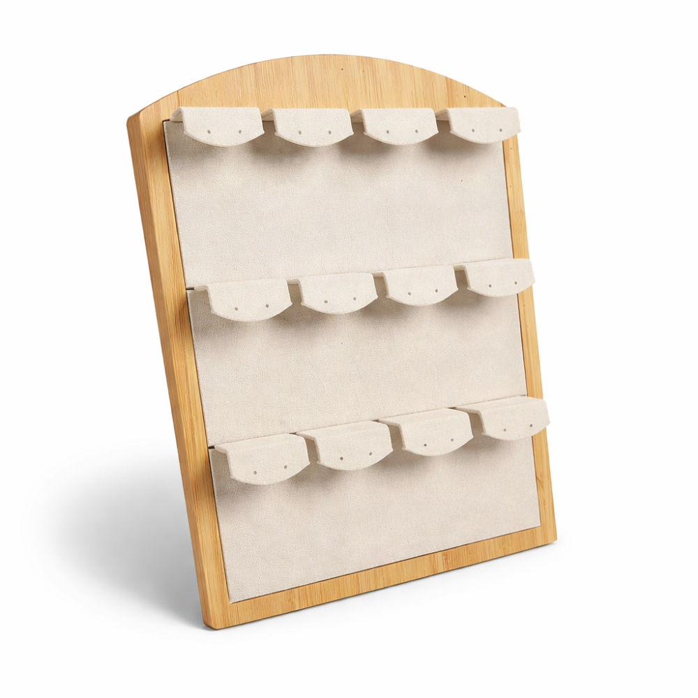 Espositore per orecchini da 12 paia in legno e alcantara beige
