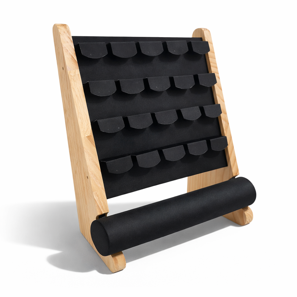 Portagioiellilli in legno e similpelle nera per orecchini + 1 rotolo per braccialetti