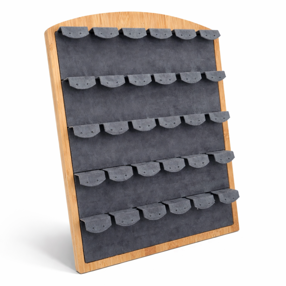 Grande espositore per 30 paia di orecchini in legno e alcantara grigio antracite