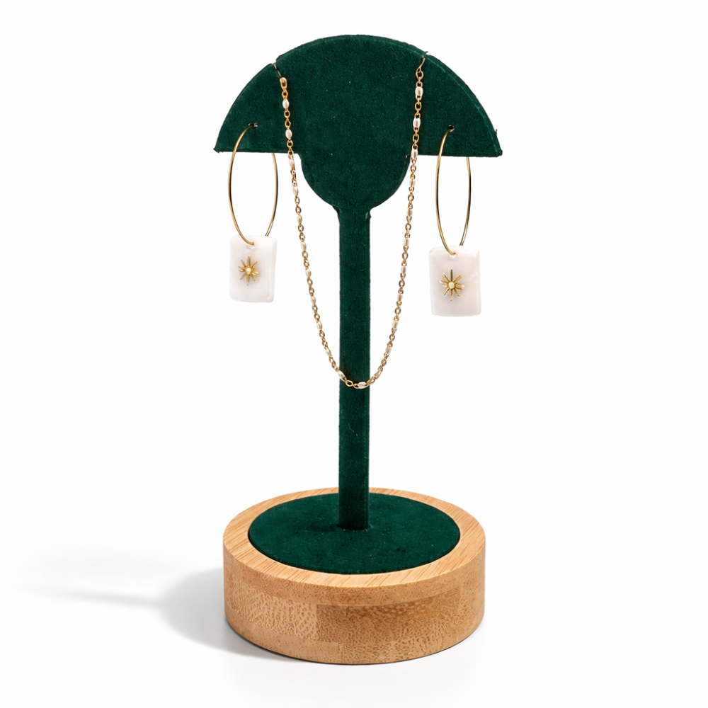 Espositore a forma di palma per 1 paio di orecchini lunghi e 1 collana - Alcantara verde smeraldo