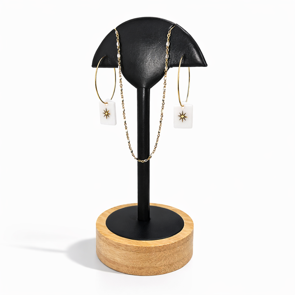 Espositore a forma di palma per 1 paio di orecchini lunghi e 1 collana - Similpelle nera