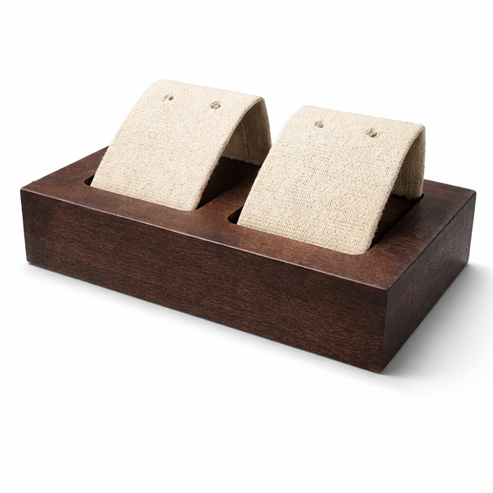 Piccolo espositore doppio per orecchini in legno scuro e similpelle beige lino