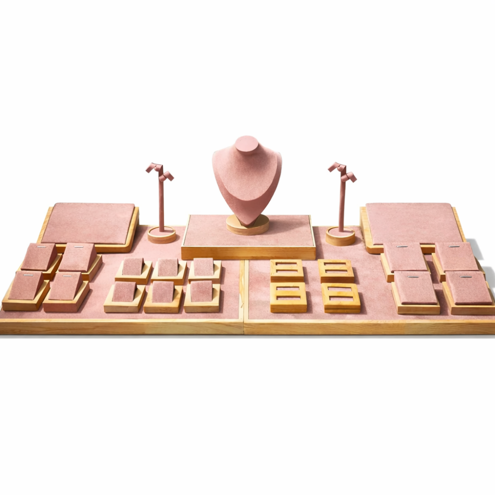 Grande set di espositori per gioielli da vetrina in similpelle rosa