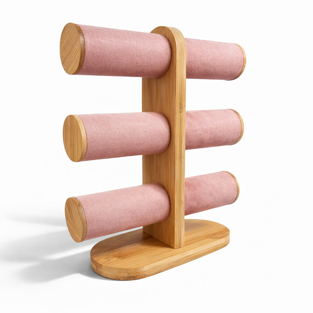 Portabraccialetti a 3 livelli in legno e similpelle rosa